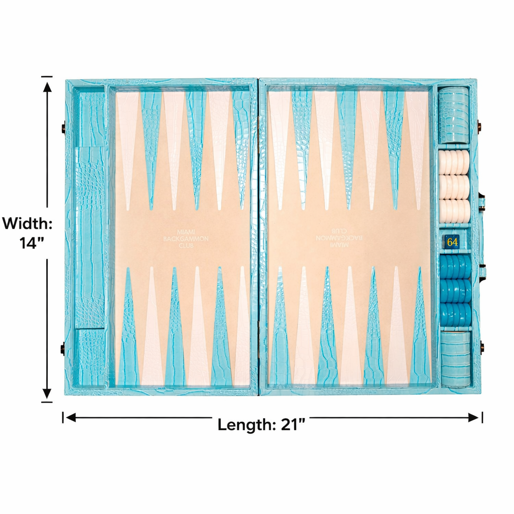 Backgammon set with dimensions indicated on a white background