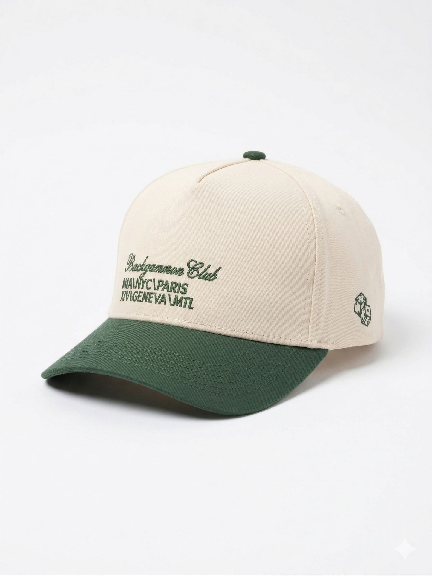 Side view of the Backgammon Club Signature Trucker Hat with cream crown, forest green brim, and embroidered Backgammon Club script with city list