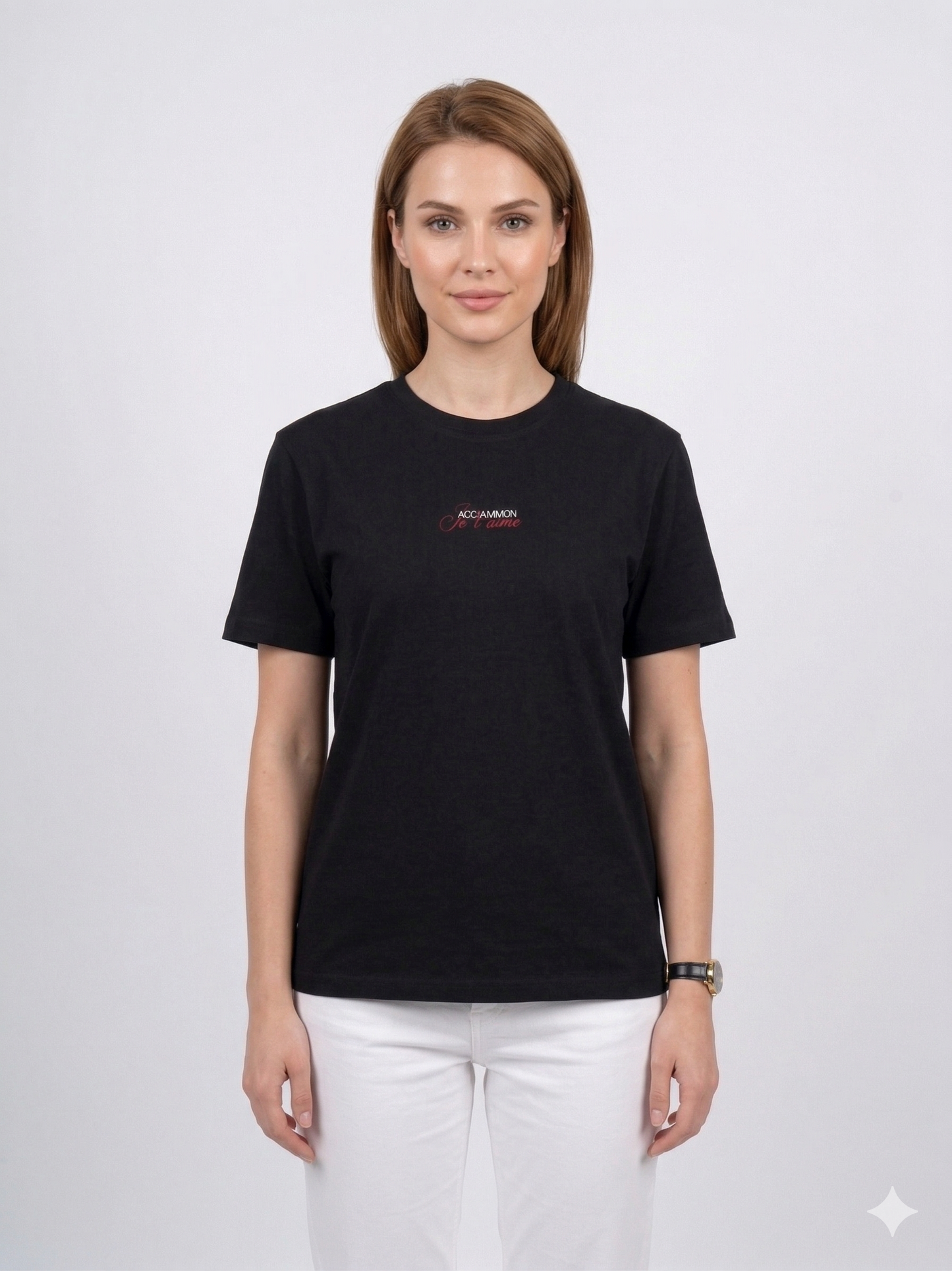 Model wearing the black Backgammon Je t'aime T-shirt with embroidered red script logo on the chest