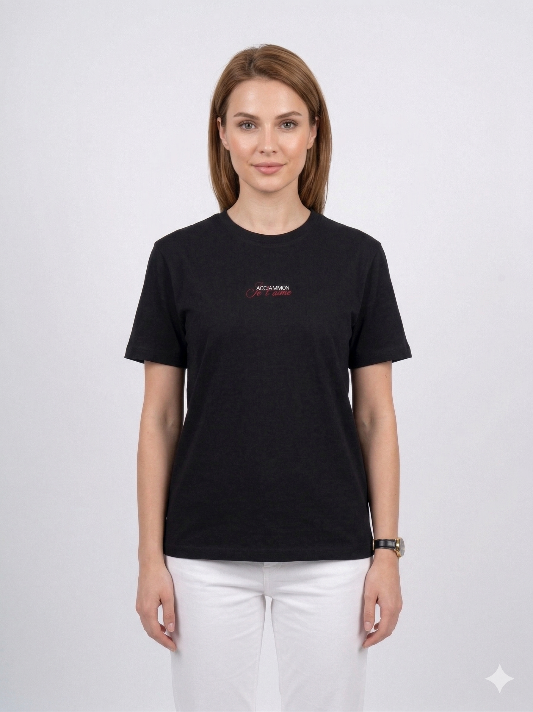 Model wearing the black Backgammon Je t'aime T-shirt with embroidered red script logo on the chest