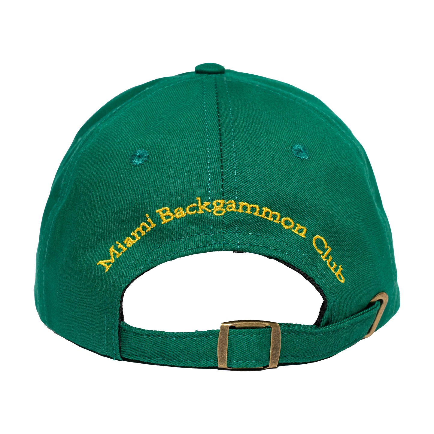 Back view of the green All I Need Is SheshBesh cap with embroidered Miami Backgammon Club script and adjustable strap