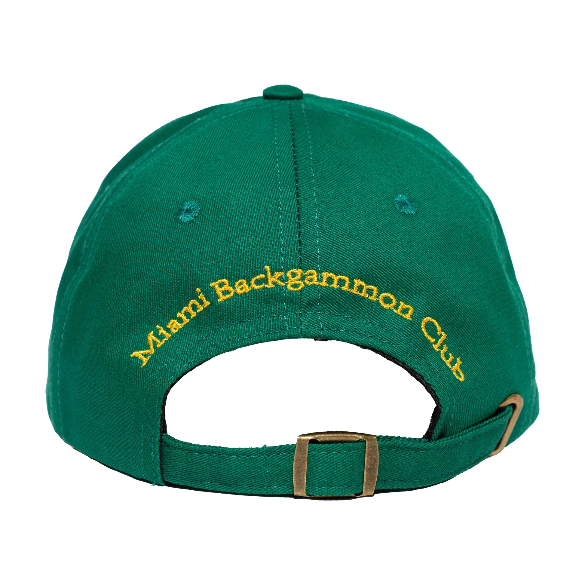 Back view of the green All I Need Is SheshBesh cap with embroidered Miami Backgammon Club script and adjustable strap