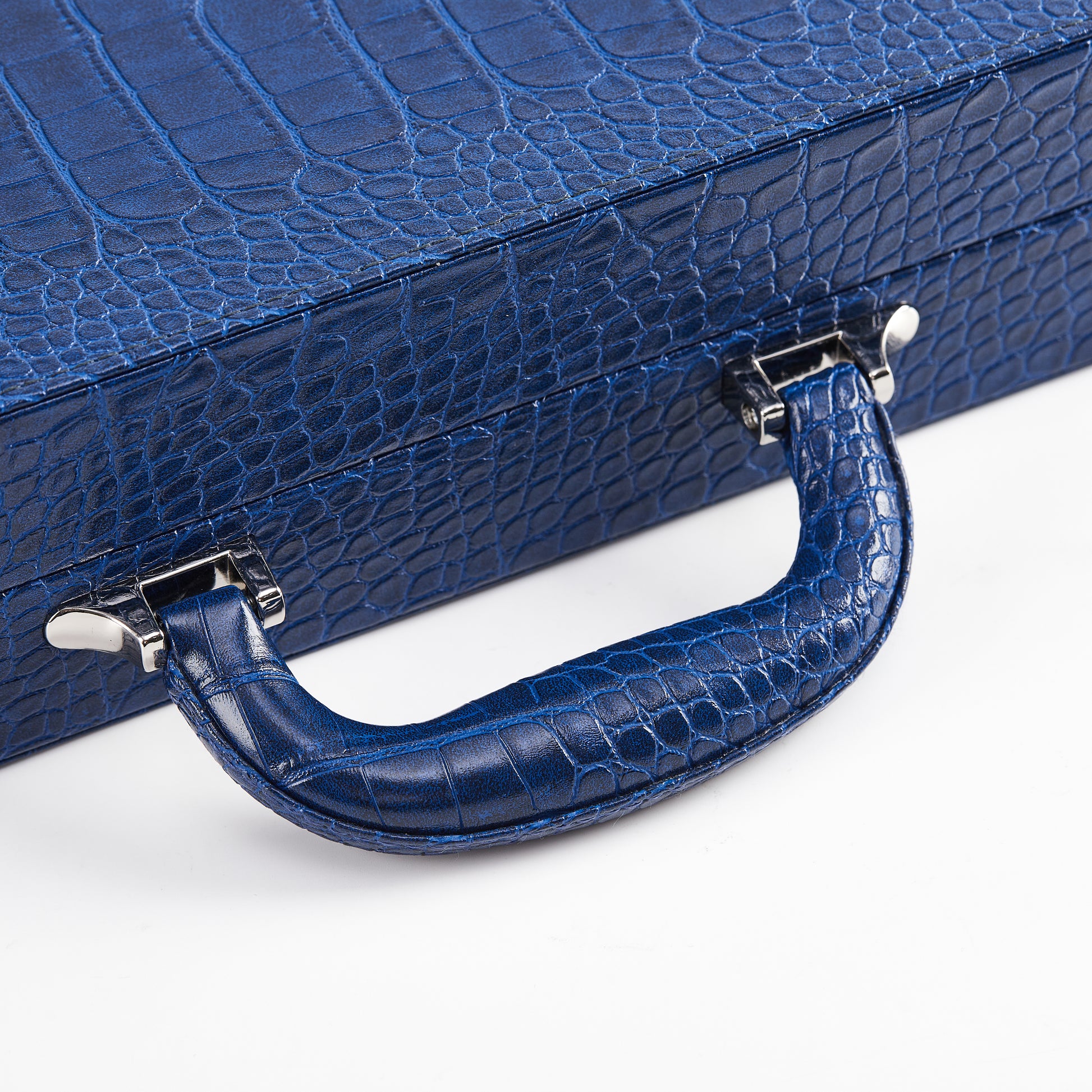 Close-up of the crocodile-embossed carry handle and silver clasps on the Midnight Navy backgammon case