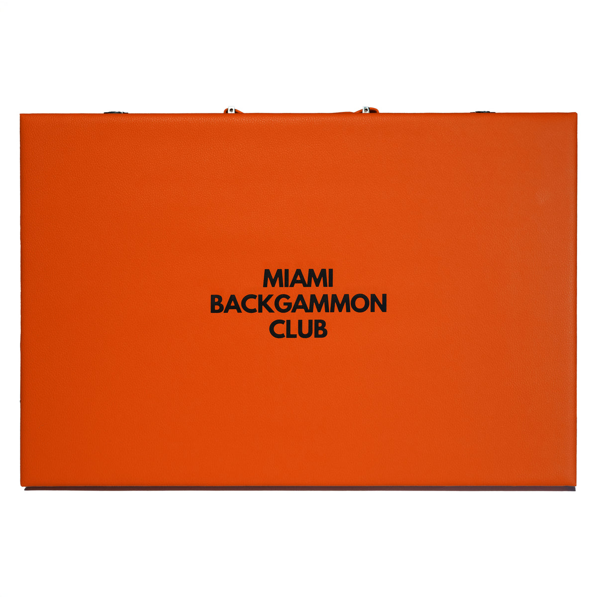 Closed Orange Miami Backgammon Club board case with the club name printed on top