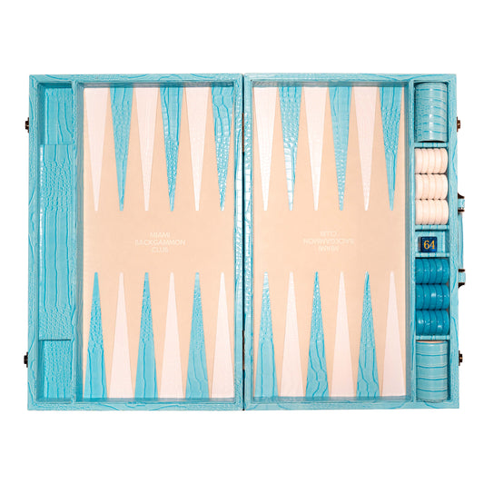 Backgammon set with turquoise border and beige playing surface