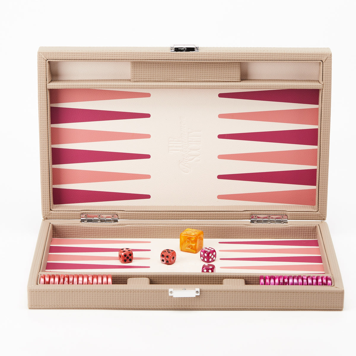 Beige backgammon board standing open with checkers, dice and doubling cube