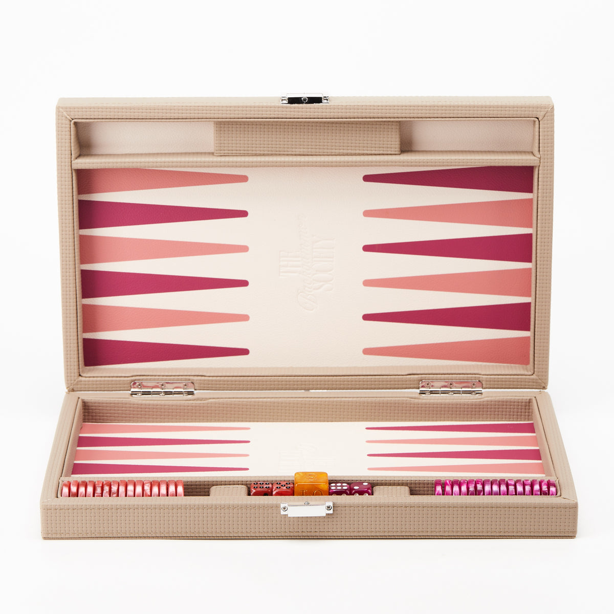 Beige backgammon board standing open, showing both halves of the playing field