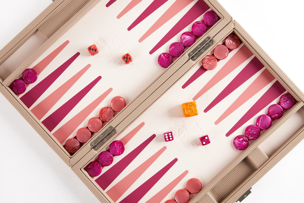 Beige backgammon board open flat at an angle, fully set up