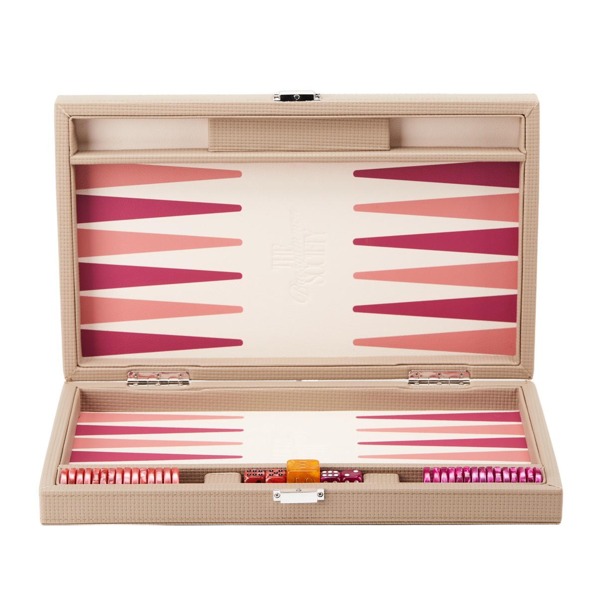 The Backgammon Society Board in beige, open and set up, cut out on a transparent background