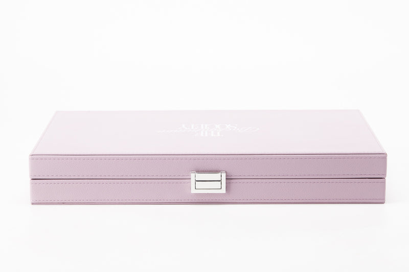 The Backgammon Society Board in pale blush grained leather, closed, front view