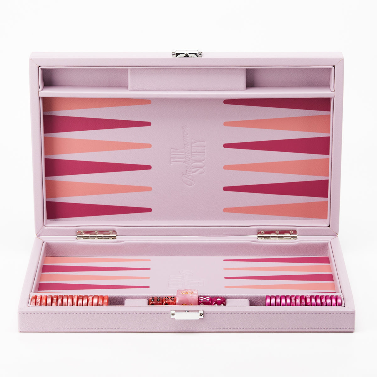 Pink backgammon board standing open, showing both halves of the playing field