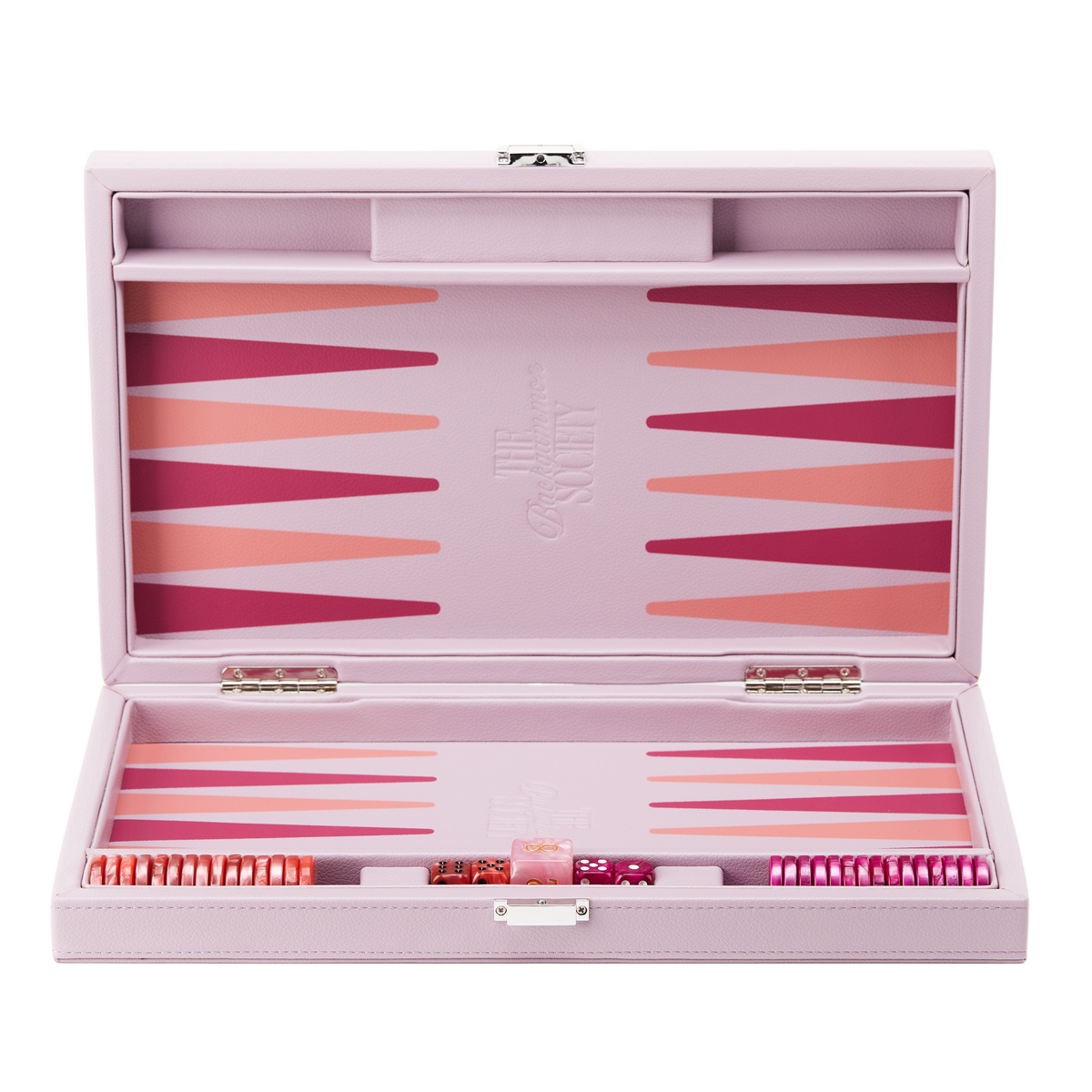 The Backgammon Society Board in blush pink, open and set up, cut out on a transparent background