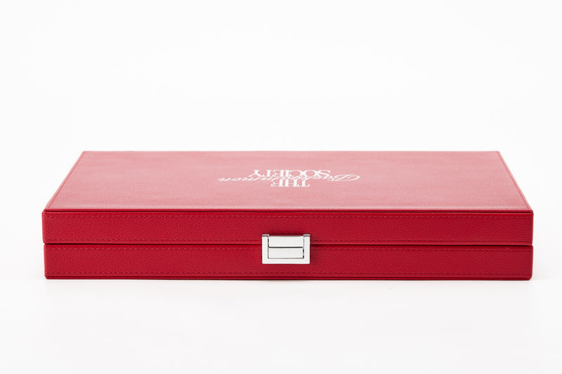 The Backgammon Society Board in red grained leather, closed, front view