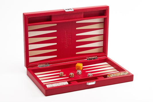 Red backgammon board open at an angle, showing the red field with ivory points